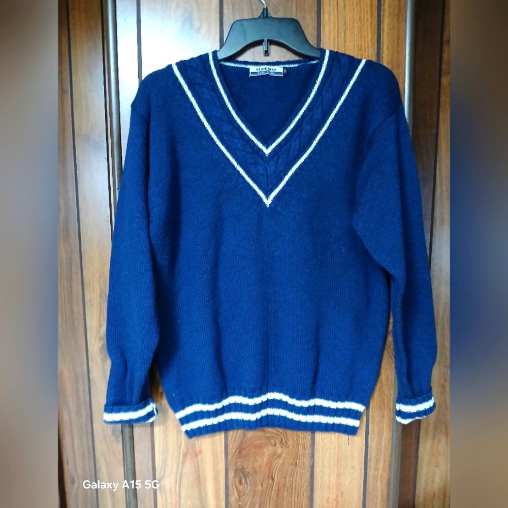 Superga Sportswear Vintage Navy Blue V-Neck Sweater with White Trim